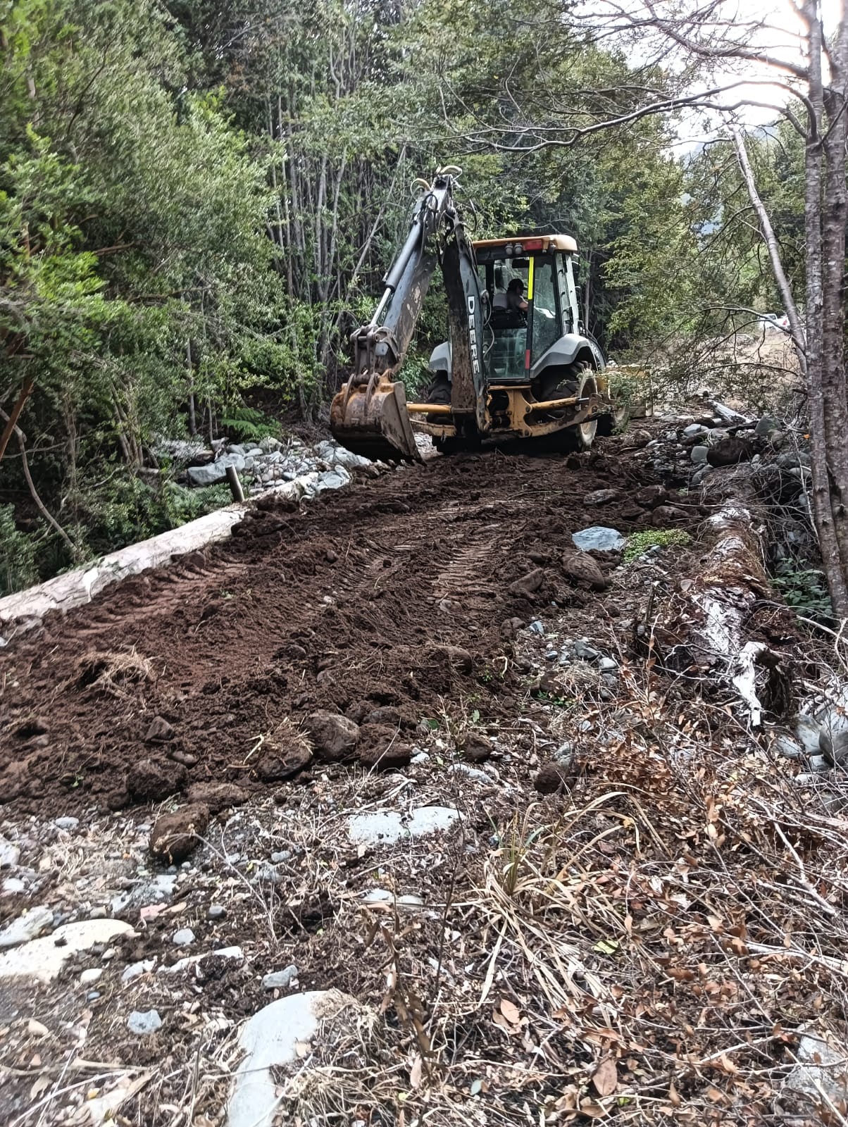 Retroexcavadora en construcción de camino forestal